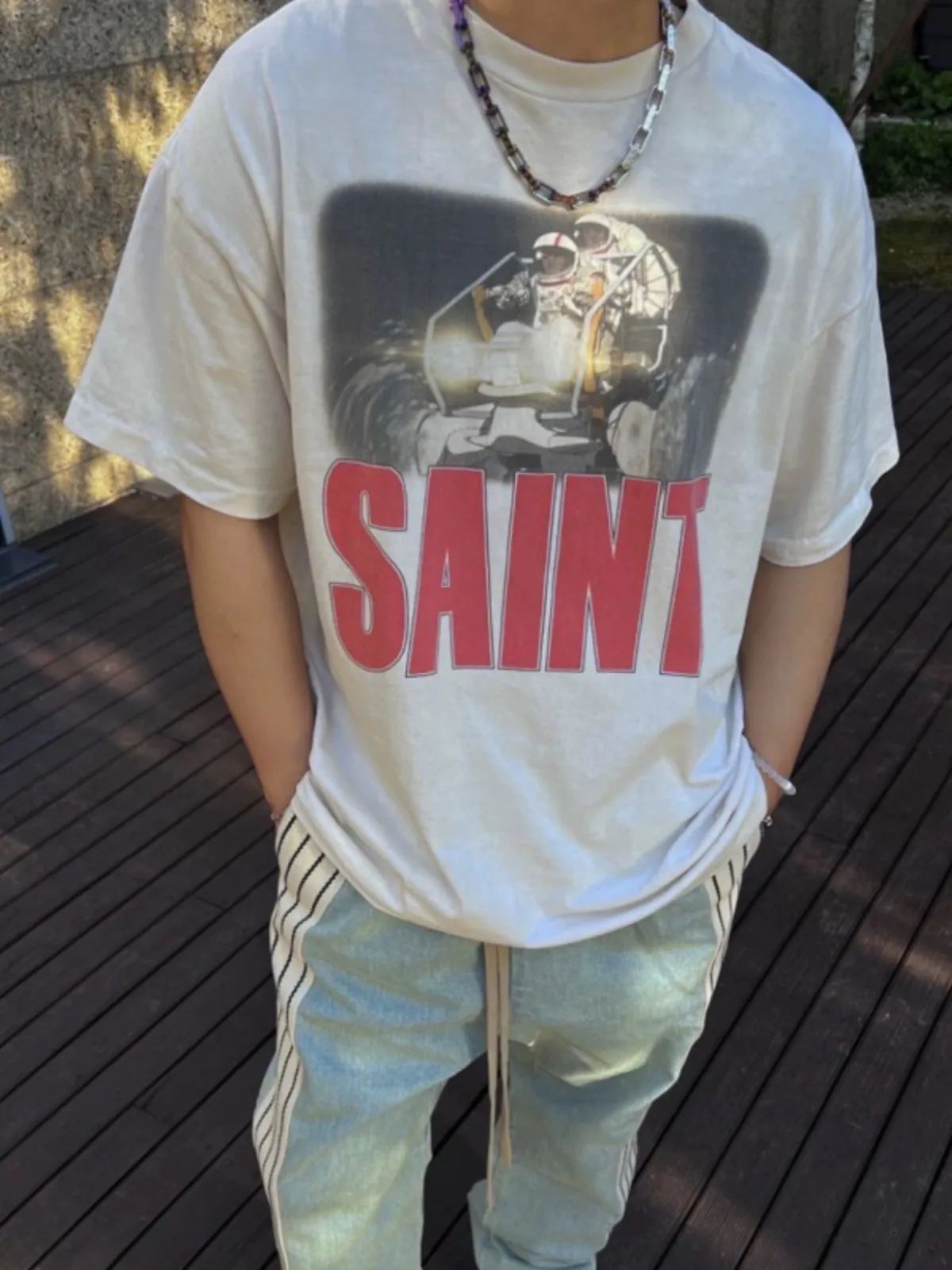 VT9236 P130💰 Saint Michael x FREEDOM comic vintage retro distressed short sleeves Small neckline design White ink digital direct printing High street retro heavy distressed washed Vintage short sleeves Size: S M L XL